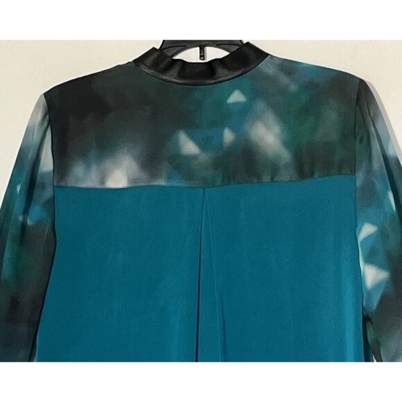 ELIE TAHARI Chelsea Turquoise Black 100% Silk Lamb Leather Shirt Blouse - Picture 10 of 11